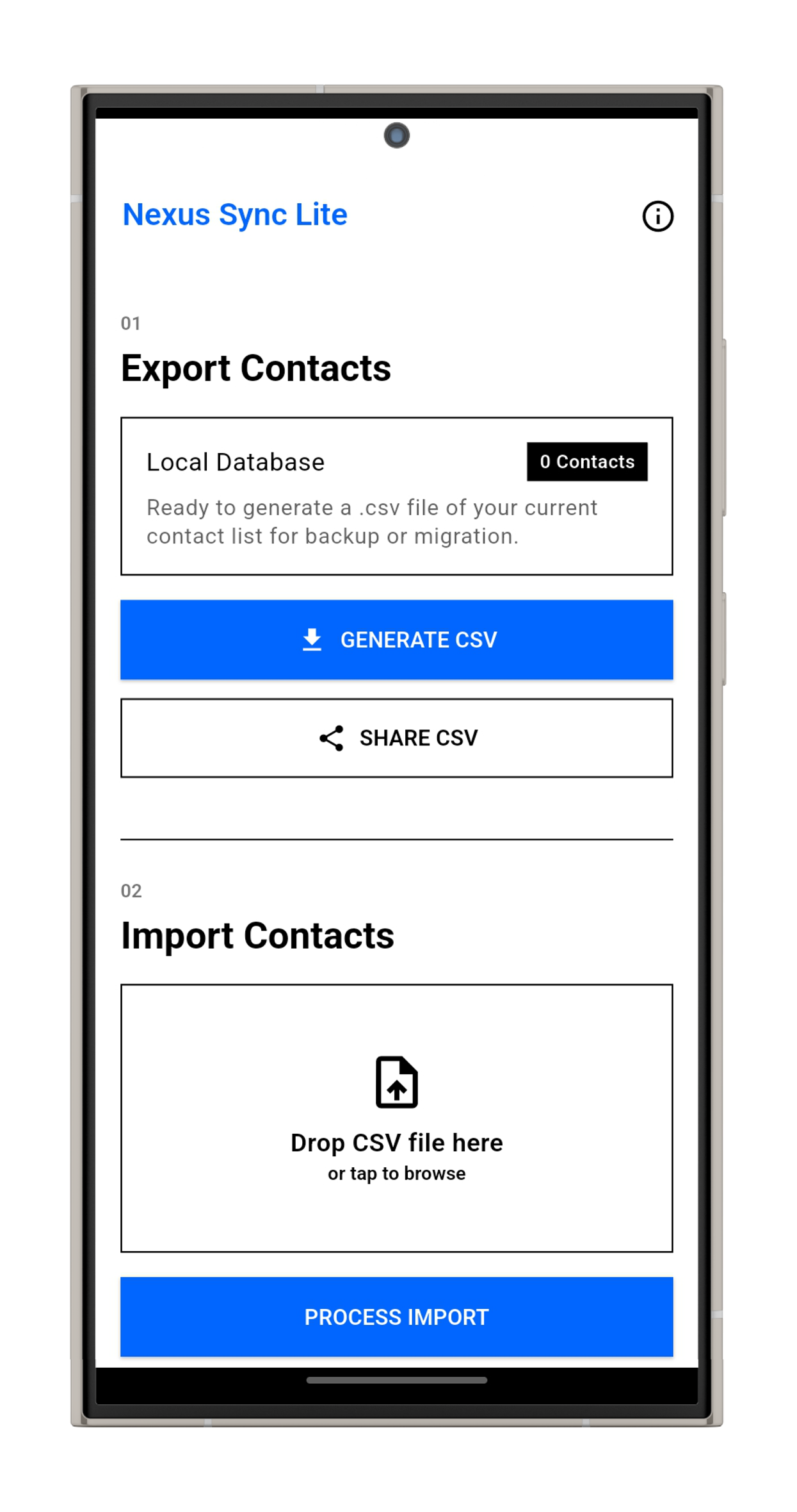 Contact list screen in the Contacts Exporter app