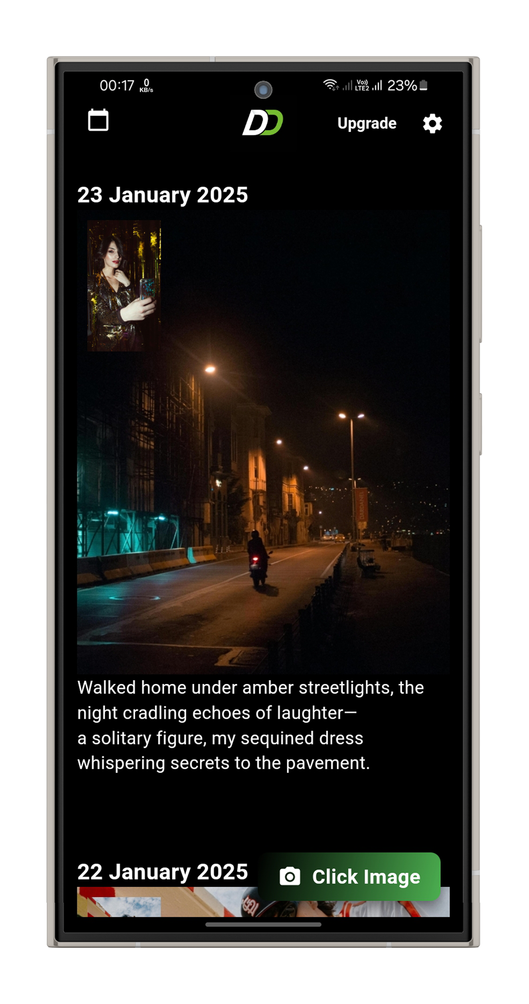 The timeline screen in the Photo Journal app