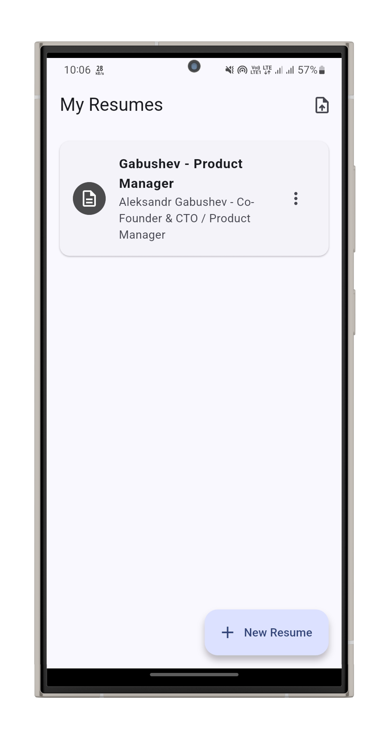 The editor screen in the Resume Builder app